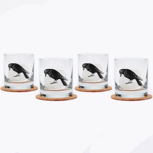 CROW Rocks Glass Raven Drinking Glass Cocktail Highball Tumbler Barware Whiskey Halloween Goth 4 Glasses