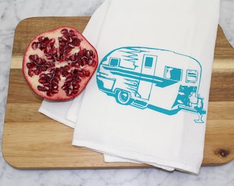 Slightly Irregular Retro Camper Tea Towel - Cotton Flour Sack Towel - Vintage Camper - Handmade - Absorbent Kitchen Towel - Happy Camper