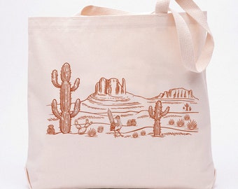Desert Tote Bag - Screen Printed Cotton Grocery Bag - Large Canvas Shopper - Reusable Grocery Tote Bag