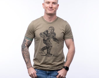 Sasquatch Graphic Tee | Screen Printed in USA | Funny Bigfoot T-Shirt, Military Green, Gift for Him