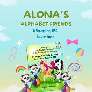 May include: A children's book cover titled "Alona's Alphabet Friends: A Bouncing ABC Adventure." The cover features cartoon illustrations of a panda, a zebra, and a pink pony balancing on colorful balls. The background is light blue with clouds and a rainbow.