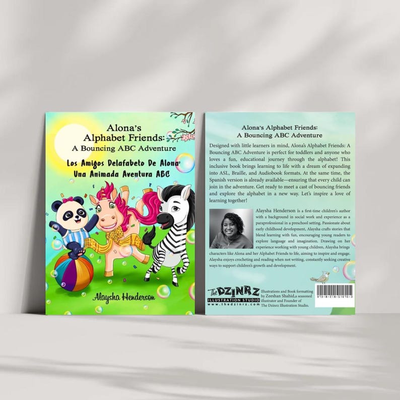 May include: A children's book cover titled "Alona's Alphabet Friends: A Bouncing ABC Adventure." The cover features colorful illustrations of a panda, a horse, and a zebra. The book's title is in English and Spanish.