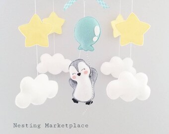 Baby Crib Mobile-Penguins Mobile-custom Made Mobile-Gray and White Nursery Mobile-Moon and stars - balloons and penguin mobile