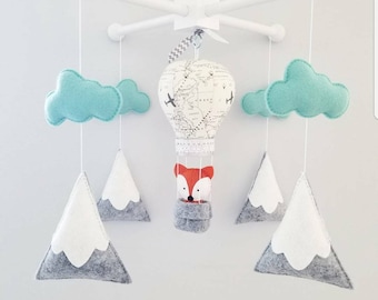 Baby Crib Mobile-balloon Mobile- mountain Crib Mobile-Northern lights bear mobile sea foam and grey-forest mobile- Balloon mobile- Fox