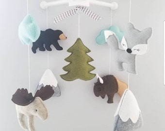 Baby Crib Mobile- National park animals, Crib Mobile - buffalo, moose,Bear,fox Mobile-Custom Made Mobile - Alaskan theme nursery black bear