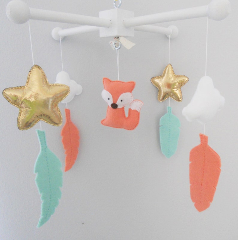 Baby Crib Mobilefox and Feathers Crib Mobileocean Mist Coral Etsy