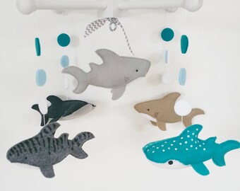 Baby Crib Mobile- Sharks Mobile- Gray ans navy blue Sharks-custom Made Mobile-whale shark, tiger shark, hammer shark, white shark bull shark