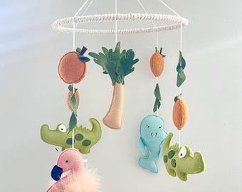 Handmade Felt Baby Mobile – Flamingo, Alligator, Manatee Nursery Decor