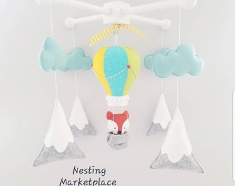 Baby Crib Mobile-balloon Mobile- mountain Crib Mobile-Northern lights bear mobile sea foam and grey-forest mobile- Balloon mobile- Fox
