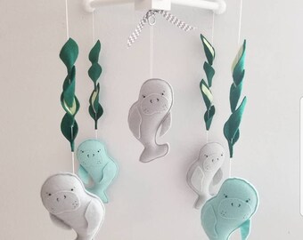 Baby Crib Mobile- Manatee  Mobile- nursery mobile-Gray and  blue Manatee custom Made Mobile- sea mobile- manatee fabric - manatee decor