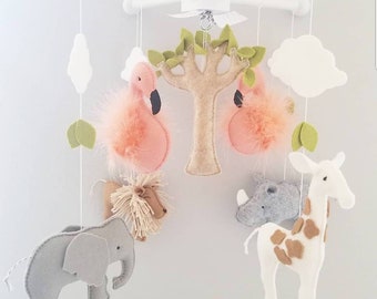 Baby Crib Mobile - Safari Mobile-Elephant, giraffe, lion and Rhino and flamingos - safari nursery decor - safari animals baby mobile