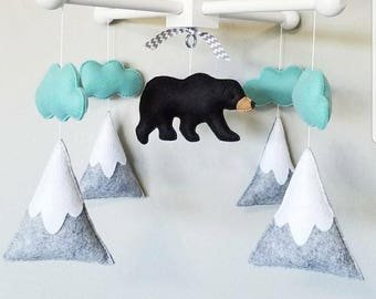 Baby Crib Mobile-black bear Mobile- mountain Crib Mobile-Northern lights bear mobile sea foam and grey-forest mobile