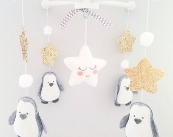 Baby Crib Mobile - nursery mobile - Penguins Mobile-custom Made Mobile-Gray and White Nursery Mobile - gold nursery