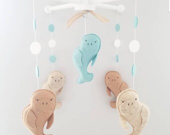 Baby Crib Mobile- Manatee  Mobile- nursery mobile-Gray and  blue Manatee custom Made Mobile- sea mobile- manatee fabric - manatee decor