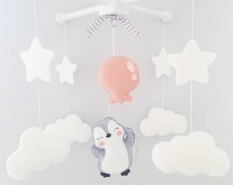 Baby Crib Mobile-Penguins Mobile-custom Made Mobile-Gray and White Nursery Mobile-Moon and stars - balloons and penguin mobile