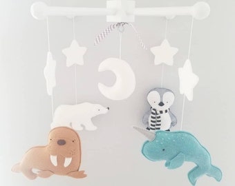 READY TO SHIP Baby Crib Mobile- Artic, Antartic Crib Mobile - Penguin, polar bear, walrus and narwhal Mobile-Custom Made Mobile - nursery