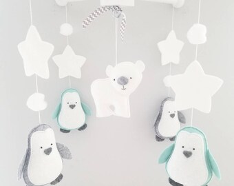 Baby Crib Mobile - nursery mobile -Penguins Mobile No10-Polar Bear Mobile-Artic/Antartic Crib Mobile-sea foam and gray Mobile