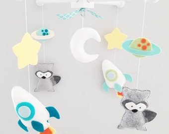 Baby Crib Mobile-Woodland Animals Crib Mobile-Custom Made Mobiles-Forest Animals Mobile- rockets and raccoons- planets