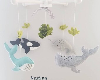Baby Crib Mobile- Whale Mobile- custom whales mobile-custom Made Mobile-whale , orca, narwhal, humpback whale,  sperm whale