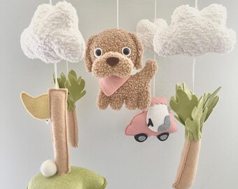 Handmade Golf Nursery Mobile – Felt Dog, Clouds, Car Decor
