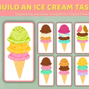 Könnte beinhalten: Digitaler Download mit Illustrationen von Eiswaffeln für eine Aufgabenbox. Die Karten zeigen verschiedene Eiswaffel-Kombinationen mit unterschiedlich farbigen Kugeln. Der Text lautet "BUILD AN ICE CREAM TASK BOX" und "Sequencing and order recognition | Digital Download".