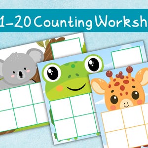 May include: A set of three colorful counting worksheets for kids, featuring a koala, a frog, and a giraffe. Each worksheet has a grid for writing numbers. The title "1-20 Counting Worksheet" is displayed at the top.