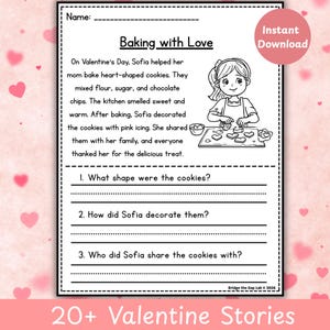 Puede incluir: Hoja de trabajo imprimible en blanco y negro titulada "Baking with Love" con temática de San Valentín. La hoja de trabajo incluye una historia corta sobre la elaboración de galletas en forma de corazón y preguntas sobre la historia. Las palabras "Instant Download" están en un círculo rosa.
