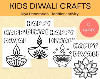 May include: A collection of coloring pages for kids with the text "KIDS DIWALI CRAFTS" and "HAPPY DIWALI". The pages feature line drawings of diyas and a lotus flower. The image also includes a circle with the text "12 PAGES".