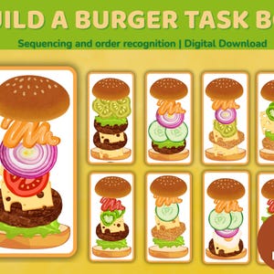 Zbuduj pudełko z zadaniami Burger dla przedszkolaków Praktyczna aktywność rozwijająca małą motorykę i sortowanie Edukacyjna zabawka inspirowana metodą Montessori do wydrukowania dla dzieci