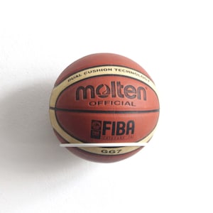 May include: A brown and white basketball with the text "Molten Official FIBA" and "GG7" printed on it.