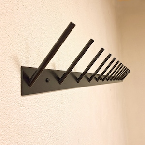 Puede incluir: Perchero de pared de metal negro con 10 ganchos. Los ganchos están inclinados y apuntan hacia arriba.