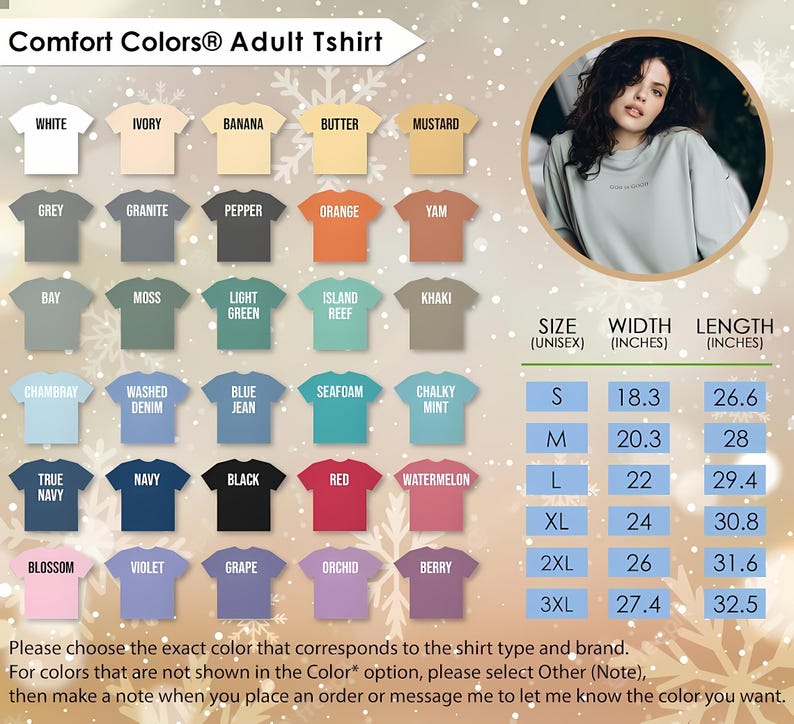 May include: A graphic showing a variety of Comfort Colors adult t-shirts in different colours, including white, grey, and black. A size chart is included, with measurements in inches. A woman is wearing a light green shirt in a circular image.