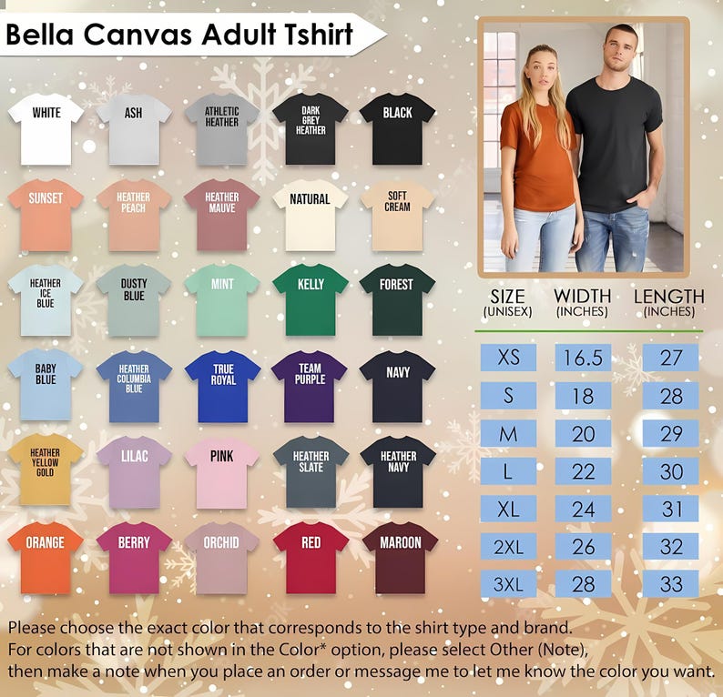 May include: An image displaying a selection of Bella Canvas adult t-shirts in diverse colours, such as white, black, and grey. A size chart is included, with measurements in inches, ranging from XS to 3XL. Widths are from 16.5 to 28 inches, and lengths from 27 to 33 inches.
