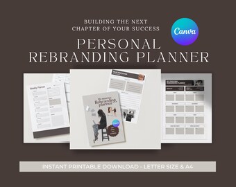 May include: A collection of printable personal rebranding planners. The cover of the planner features a woman working on a laptop. The text on the cover reads "My personal Rebranding planner". The image also includes a weekly planner and other planning pages. The text "BUILDING THE NEXT CHAPTER OF YOUR SUCCESS" is at the top.