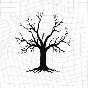 May include: A black silhouette of a leafless tree with visible roots centered against a white background featuring a distorted, wavy gray grid pattern. The tree has a thick trunk that branches out into numerous thin, bare limbs reaching upward.