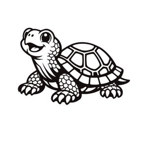 Puede incluir: Ilustración de dibujos animados en blanco y negro de una tortuga sonriente. La tortuga tiene un patrón de caparazón detallado y piel texturizada en la cabeza, las patas y los pies. Los ojos de la tortuga son grandes y expresivos, y su boca está abierta en una sonrisa feliz.