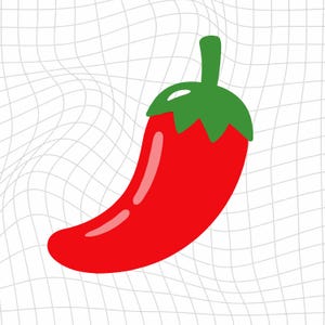 May include: A vibrant red chili pepper illustration featuring a bright green stem and a subtle white highlight on its curved body, set against a white background with a distorted, wavy gray grid pattern that creates a sense of movement.