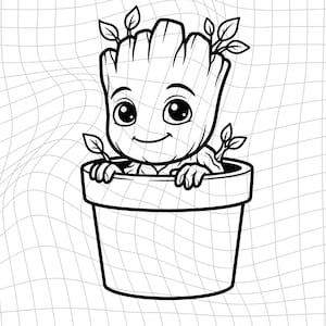 May include: Black and white line art illustration of a cartoon character resembling a tree-like creature, with large eyes and a smiling expression. The character is in a flower pot, with leaves sprouting from its head and arms.