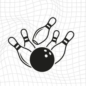 以下が含まれることがあります： 黒いボウリングのボールと4本のボウリングピンを描いた白黒のグラフィックイラスト。ピンは散らばった配置で、1本が上向きに傾いており、背景には歪んだグリッド模様が描かれています。