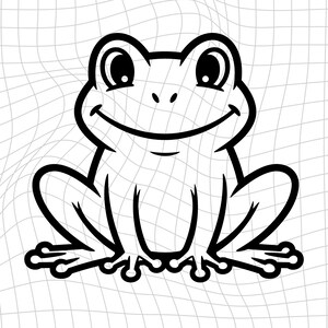 May include: A black and white cartoon frog illustration. The frog is smiling with large eyes and webbed feet. The image has a simple, clean design, perfect for stickers, t-shirts, or other products.