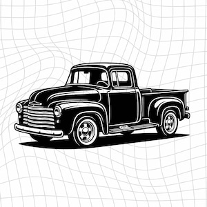 May include: A black and white graphic illustration of a vintage pickup truck featuring a prominent front grille, rounded fenders, and a step plate on the side. The truck is positioned against a background of a distorted, wavy white grid pattern.