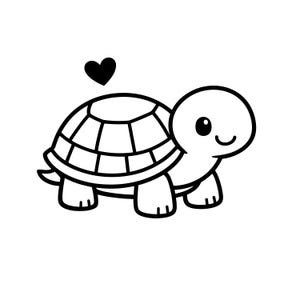Può includere: Illustrazione a fumetti in bianco e nero di una tartaruga con un cuore sopra il suo guscio. La tartaruga ha una faccia sorridente ed è disegnata con contorni spessi. L'immagine è semplice e adatta a varie applicazioni.