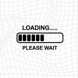 Può includere: Un design grafico in bianco e nero che mostra una barra di caricamento con sei segmenti riempiti. Il testo LOADING..... è posizionato sopra la barra e il testo PLEASE WAIT è posizionato sotto. Lo sfondo presenta un motivo a griglia distorto.