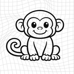 Könnte beinhalten: Schwarz-weiße Cartoon-Illustration eines sitzenden Affen. Der Affe hat große Augen, einen lächelnden Mund und einen lockigen Schwanz. Der Hintergrund ist ein weißes Gittermuster.
