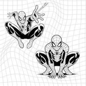 May include: Black and white illustration of Spider-Man in two action poses. One figure is crouched, ready to leap, while the other is in a low squat, both showcasing the character's iconic costume and web design. The background has a grid pattern.