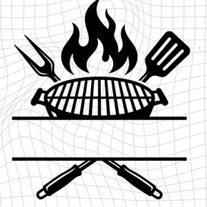 May include: Black and white graphic of a barbecue grill with flames, a spatula, and a fork. The grill is centered, with flames rising above it. A blank space is below the grill, with crossed tongs at the bottom.