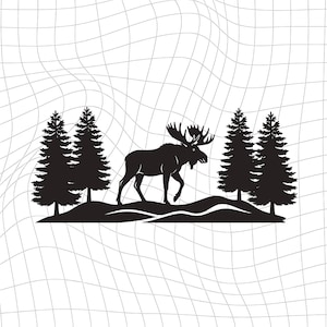 May include: A black silhouette graphic featuring a moose standing on a small hill between four evergreen trees. The design is set against a white background with a subtle, distorted grid pattern that creates a wavy, liquid-like visual effect.