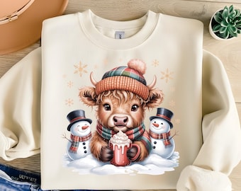 Christmas Highland Cow PNG, Snowman, Hot Cocoa, T-Shirt Design (Instant Download)