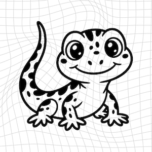 May include: A black and white cartoon illustration of a gecko with large eyes and a smiling expression. The gecko has spots on its body and tail. The background is a distorted grid pattern.