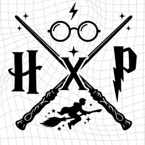May include: Black and white graphic featuring crossed wands, glasses, a lightning bolt, stars, and the letters H, X, and P. A person on a broom is also depicted.
